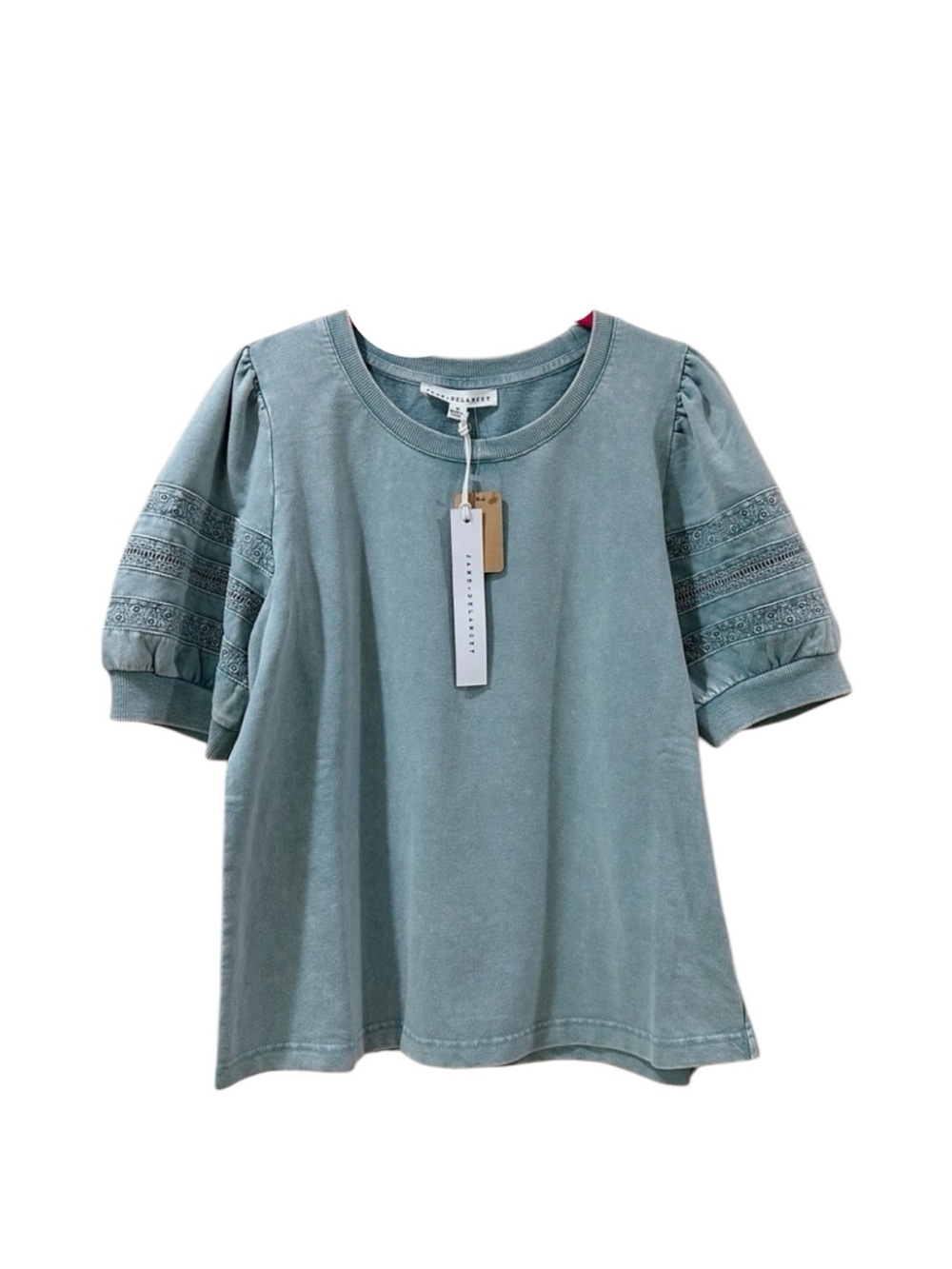 Jane And Delancey Green Wash Eyelet Lace Puff Sleeve Tee Top Vintage Women NWOT